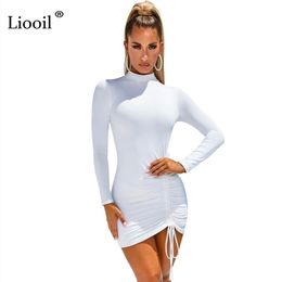 Liooil Sexy Ruched Bodycon Mini Dress Women Clothes Fall 2021 Long Sleeve O Neck Lace Up Draped Tight Dresses Woman Party Night 210319