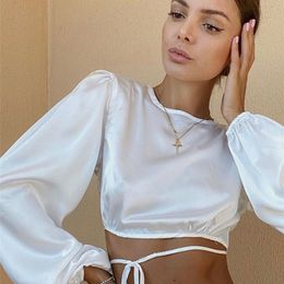 Aproms Soft Satin Backless Bow Tie T-shirt Female Summer Fashion Long Sleeve Slim Tshirt Basic Crop Top for Women Clothing 220511