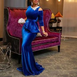 plus size mermaid peplum dress UK - Blue Velvet Long Sleeves Mermaid Evening Dresses Jewel Neck Peplum Prom Gowns Plus Size Sweep Train Formal Dress245k
