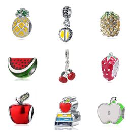 925 Silver Charm Beads Dangle Alloy Bead Fruit Apple Avocado Cherry Watermelon Bead Fit Pandora Charms Bracelet DIY Jewelry Accessories