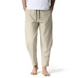LoveSky Mens Plus-Size Simple Linen Printing Drawstring Trousers