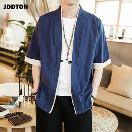 JDDTON Summer Men s Linen Kimono Long Cardigan Outerwear Coats Fashion Streetwear Short Loose Male Jackets Casual Overcoat JE005 220715