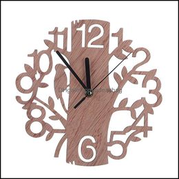 Wall Clocks Home Decor Garden Ll Creative Design Tree Clock 3D Needle Hollow Circar Wooden Simple Hang Otdvt