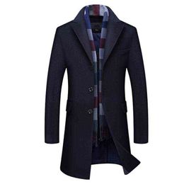 Men's Wool & Blends Winter Jacket Men British Style Trench Coat Male Casual Long Woollen Outwear High Quality Blend No Scarf T220810