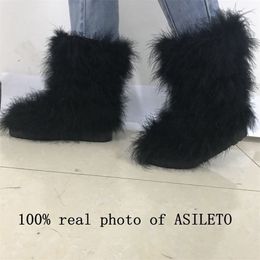 ASILETO Women winter shoes Boots furry Genuine Real hairy eskimo boots female Feather fluffy bootie outdoor ankle boot bota T554 201029