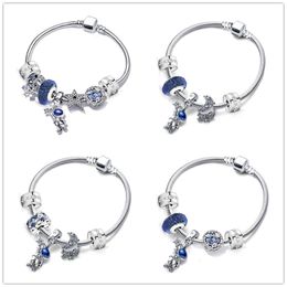 New s925 Sterling Silver Luxury Bracelets Set Beaded Fit Original Pandora Bracelet Pendant Fashion Jewellery DIY Blue Star Moon Astronaut Charm for Women Gifts 16-21CM