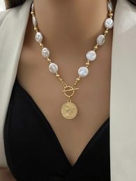 Pendant Necklaces Amorcome Minimalist Gold Color Metal Coin Irregular Pearl Clavicle Chain Necklace For Women Summer JewelryPendant