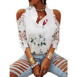 Fashion Sexy Lace Panel Off Shoulder T-shirt Elegant Floral Print Ruffled V-Neck Quarter Sleeve White Pullover Tops White Street 220511