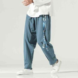 2022 Men Chinese Style Cotton Linen Pants Mens Drawsting Print Harem Pants Male Streetwear Hip Hop Joggers Bloomers Trousers L220706