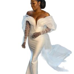 Simple Satin Mermaid Wedding Dress with Removable Long Sleeve Couture Plus Size Beads Bride Party Dress Celebrity Bridal Gowns240q