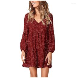 Chiffon Summer Dress Women 2022 Elegant Polka Dot Long Sleeve V Neck Loose Ruffle Mini Plus Size Beach Dresses Vestidos Casual