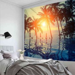 Home Decor Tropical Leaves Beach Sun Wall Rugs Palm Tree Print Polyester Carpet Hanging Background Fabric Tapiz J220804