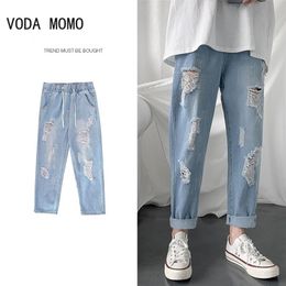 Summer Slim Fit Jeans for Mens Streetwear Korean Designer Regular Distressed Denim Homme Pants Hip Hop Hole Trousers 220328