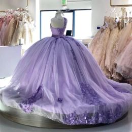 2022 vestidos lilac quinceanera com apliques de renda doce 16 vestido de um ombro vestidos de 15 anos puffy trem bail