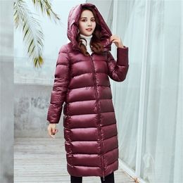 women's down coat jackets long over-the-knee shiny thickened hooded 90% white duck down coats jacket 201128