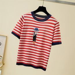 Embroidery Striped Knitted T Shirt Women Casual Short Sleeves Thin T-Shirt Soft Kintwear Woman Tshirts Female Summer Tops 220402