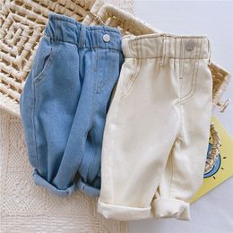 Baby Girls High Waist Jeans Kids Pants Blue Ivory For 0-4Y Trousers Girl Clothes 220512