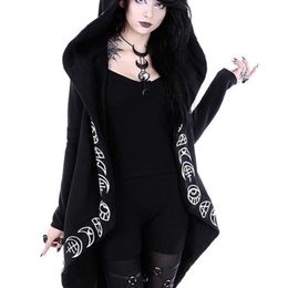 Gothic Punk Black Long Women Hoodies Sweatshirts Autumn Moon Print Long Sleeve Hoodie Women Loose Coat Hooded Sweatshirt 220722