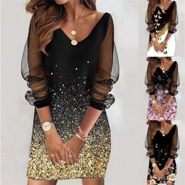 Elegant Retro Print Sequined Mesh Party Dres's Spring and Summer Clothing V Neck Sexy Casual Vestidos Long Sleeve Dresses 220402