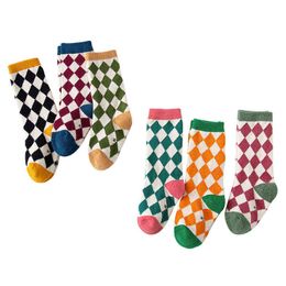 CouplesParty Autumn Winter Korean Diamond Grid Children Socks Rainbow Colour Checked Pattern Boys Girls Tube Socks Year J220621