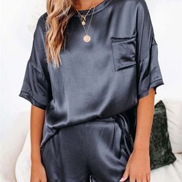 Summer Satin Pyjamas Set Women Imitated Silk Pyjamas Sexy Silk Sleepwear Homewear Female Loose Lounge Wear Sets Pj 220421