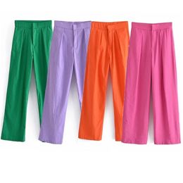 TRAF Green Pant High Waist Baggy Trousers Fashion Rose Red Orange Straight Woman Streetwear Wide Leg 220325