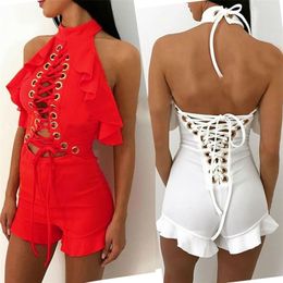 BKLD 1pc Women Jumpsuits Summer Sleeveless Halter Backless Bandage Hollow Out Ruffles Romper Shorts Women 2019 New Arrival T200704