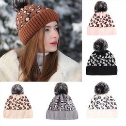 Pompom Beanie Leopard Knitted Hats Detachable Wool Ball Skull Cap Jacquard Fashion Crochet Ski Outdoor Caps Men Women Woollen Hats BD7981