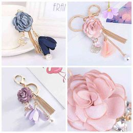 Small Fresh Cloth Flower Key Chain Fashion Tassels Keychain Car Key Ring Female Keyring Women Bag Pendant Exquisite Ornaments AA220318