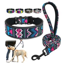 Soft Nylon Dog Collar And Leash Set Reflective Padded Fashion Printed Adjustable Pet s For Medium Large s Y200515