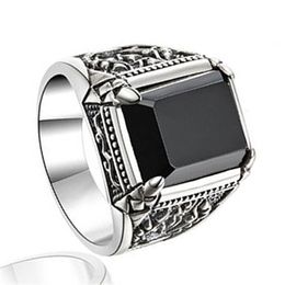 Rings for men retro classic Thai silver dark soul ring imitation black agate open men ring trend four-claw gemstone men's ring jewelry