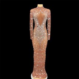 Stage Wear Sexy Mesh Perspective Mirrors Rhinestones Evening Celebrate Birthday Long Dress Women Bar Nightclub Party Outfit Show WearStage