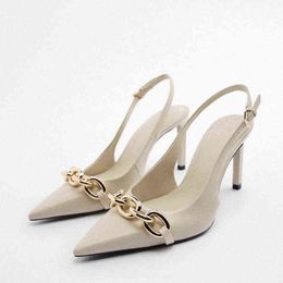 Sandals New Woman High Heels Shoes Pumps 2022 Wsl Hit Za Be Slingback Gold Chain Stiletto Fashion muller 220413