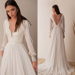 Boho Lace Beach Wedding Dress Sexy High Side Split Bridal Dresses Chiffon Long Sleeve Wedding Gowns Vestido de Noiva