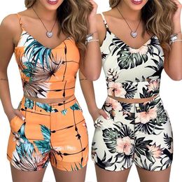 Women's Tracksuits Women Fashion 2-piece Outfit Set Sleeveless Print Camis Crop Top Shorts Clothes Suit For Ladies Female Summer Casual
