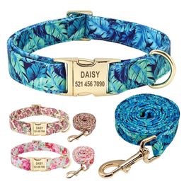 Personalised Floral Dog Collar and Leash Set Custom Small Medium Large Dog Pet ID Collar Lead Flower Print Dog Engraved Collars 220608