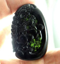 Pendant Necklaces 35Wholesale Natural Chinese Black Green Stone Hand-carved Statue Of Dragon And Phoenix Amulet Necklace Jewellery MakingPenda