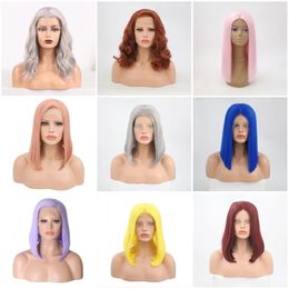 Summer Short Bob Style Synthetic Heat Resistant Fibre Lace Front Wig Pre Plucked Hairline Pink/Blue/Ginger/Yellow Hair Color