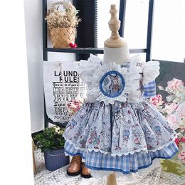 3PCS Baby GIrl Summer Blue Rabbit Turkey Vintage Spanish Lolita Princess Ball Princess Gown Dress for Girl Easter Birthday Party 210329