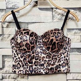 Women Sexy Leopard Print Velvet Short Bustier Crop Tops Outside Wearing Sleeveless High Waist Corset Camis K487 210401