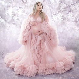 Light Pink Women's Prom Dresses Tiered Long Sleeve Evening Party Gowns Plus Size Lace Up Maternity Photography Dress 2022