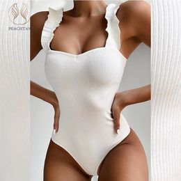 Peachtan Sexy high cut bodysuit bikini 2020 Solid white swimsuit 1pc monokini Ruffle swimwear women bathers bathing suit T200708