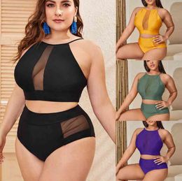 2022 Plus Size Swimwear Sexy Solid Bikinis Set Separate Swimsuit High Waist Mesh Push Up Bathing Suit Large Size Beach Wear Y220420