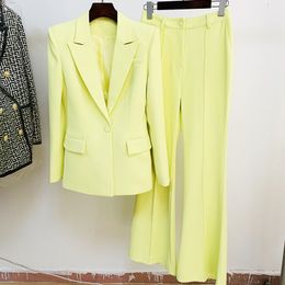 W033 HIGH STREET business meeting SLIM FIT businesswomen queen Newest 2022 Runway Designer Suit Set Women's Single Button Blazer Flare Pants