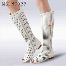 Size 34-47 High Quality Leather Women Flat Heels Buckle Gladiator Long Boots Open The Toe Knee High Lady Summer Sandals Boots 220629