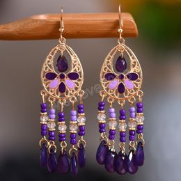 Ethnic Vintage Purple Bead Crystal Tassel Earrings for Women Bohemia Hollow Flower Long Dangle Earings Wedding Party Jewellery