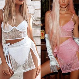 Work Dresses OMSJ Club Party Sexy Lively See Through 2 Piece Set Solid Colour Rhinestone Sling Backless Tank Top+Lace-up Split Mini Skirt 202