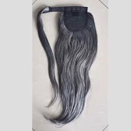 Long sleek salt and pepper natural grey straight ponytail in 26 inches black mixed naturally highlights gray hair ponytail extension wraps pony tail hairpiece 140g