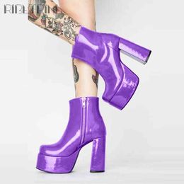 Boot Ribetrini Ladies Block Heel Zipper Candy Colour Fashion Shoes Round Nose Platform Ankle Women Boots Punk Winter 220325