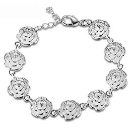 925 Sterling Silver Full Rose Flower Chain Bracelet For Women Wedding Engagement Party Fashion Jewellery